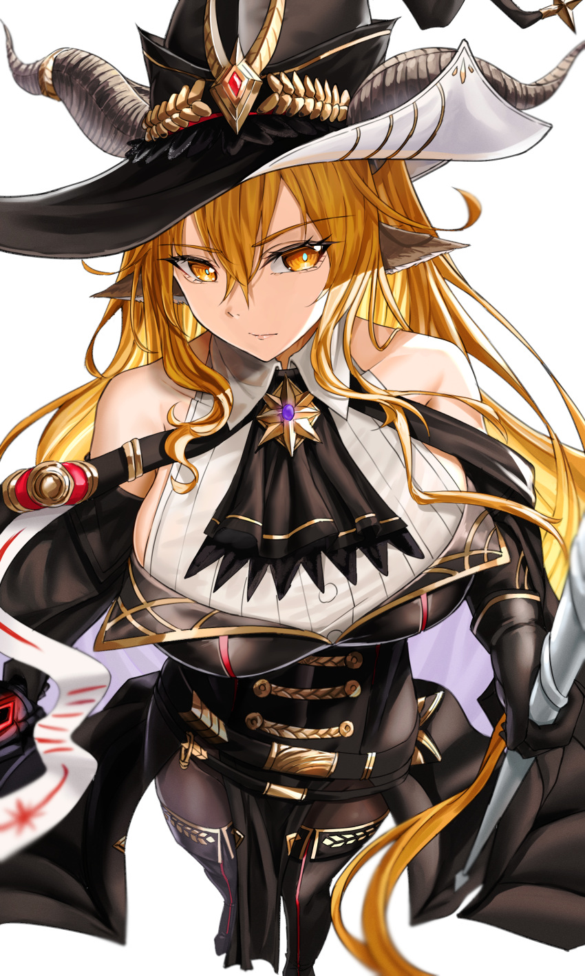 absurdres animal_ears arknights ascot bare_shoulders belt black_ascot black_dress black_gloves black_hat black_pantyhose blonde_hair breasts closed_mouth collared_shirt degenbrecher_(arknights) degenbrecher_(the_shadow_of_the_dark_moon)_(arknights) dress female from_above full_body gloves goat_ears goat_girl goat_horns hair_between_eyes hat highres holding horns horns_through_headwear jewelry large_breasts large_hat long_hair looking_at_viewer official_alternate_costume pantyhose putcho shirt solo weapon white_shirt wing_collar witch_hat yellow_eyes