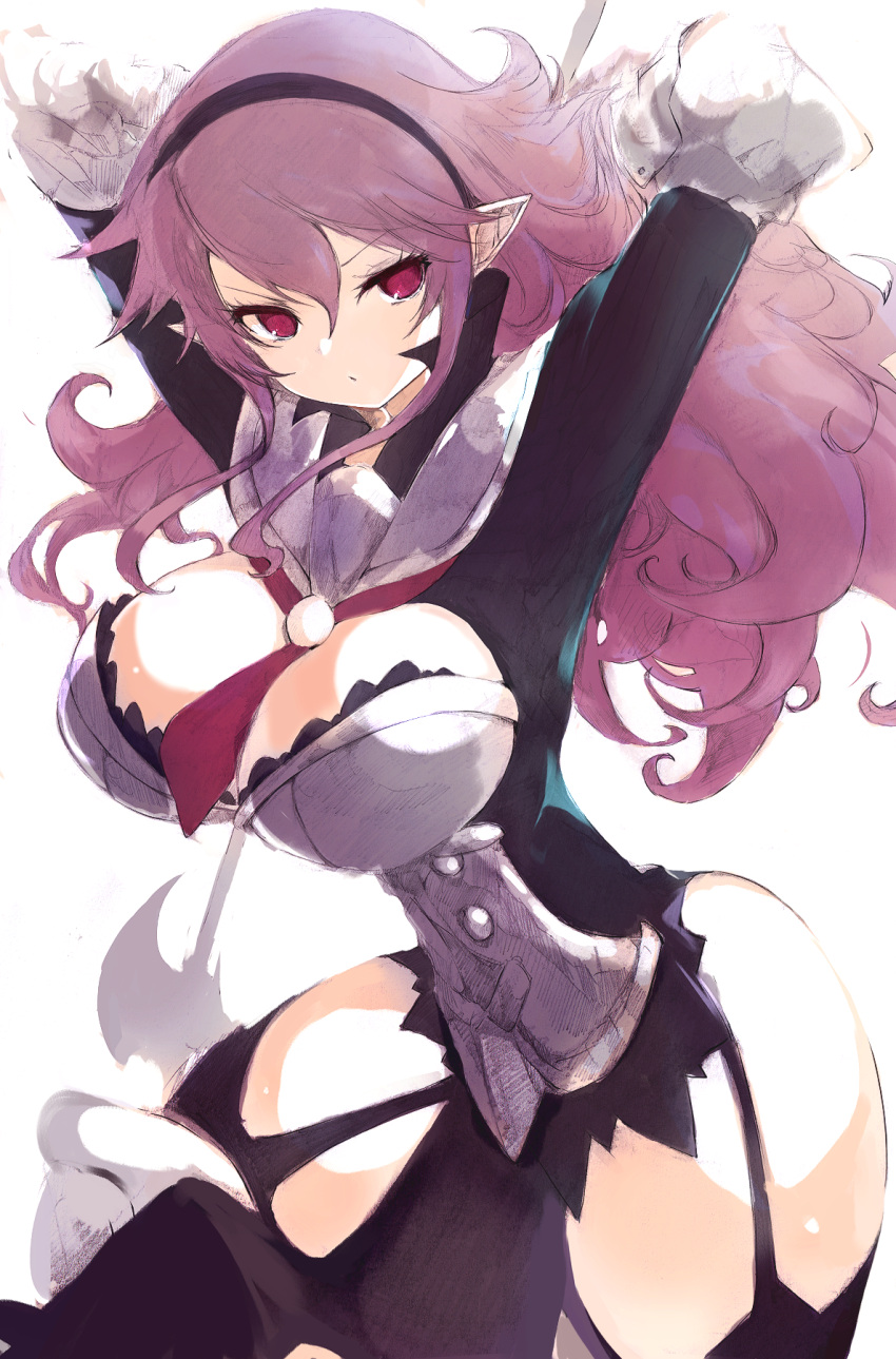 armor arms_up breasts cleavage closed_mouth commentary disgaea dot_mouth eyelashes female hair_between_eyes hairband heavy_knight_(disgaea) highres holding holding_weapon kakuwashi large_breasts long_hair looking_at_viewer makai_senki_disgaea pointy_ears polearm purple_hair red_eyes simple_background solo thick_thighs thighs wavy_hair weapon white_background