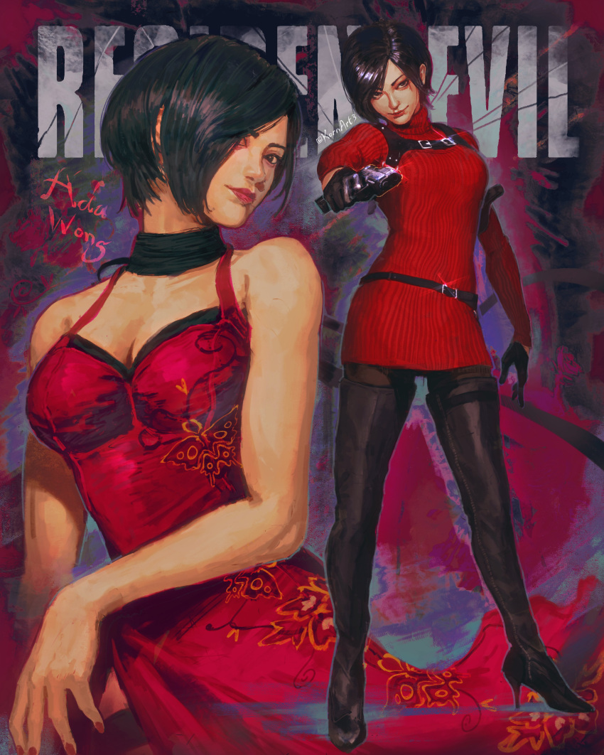 absurdres ada_wong black_gloves black_hair breasts brown_eyes choker dress female gloves gun handgun highres holding holding_gun holding_weapon kornart large_breasts looking_at_viewer pantyhose red_dress resident_evil resident_evil_4 resident_evil_4_(remake) short_hair smile solo weapon