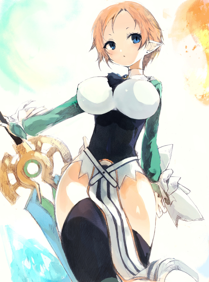 ascot black_ascot blonde_hair blue_brooch blue_eyes blush breasts commentary covered_navel disgaea earrings eyelashes female highres holding holding_sword holding_weapon jewelry kakuwashi large_breasts light_blush long_sleeves looking_at_viewer magic_knight_(disgaea) makai_senki_disgaea pointy_ears shirt short_hair solo stud_earrings sword thighhighs very_short_hair weapon white_background