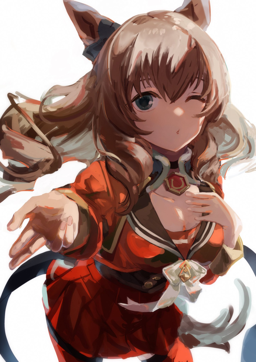 ;d animal_ears blue_bow bow breasts brown_bow brown_hair cleavage commentary_request contrapposto cowboy_shot ear_bow female green_eyes hair_between_eyes highres horse_ears horse_girl horse_tail large_breasts long_hair looking_at_viewer maruzensky_(umamusume) one_eye_closed open_mouth pleated_skirt red_serafuku red_skirt school_uniform serafuku simple_background skirt smile solo tail umamusume white_background yoshiaki_(yosiaki_ml)