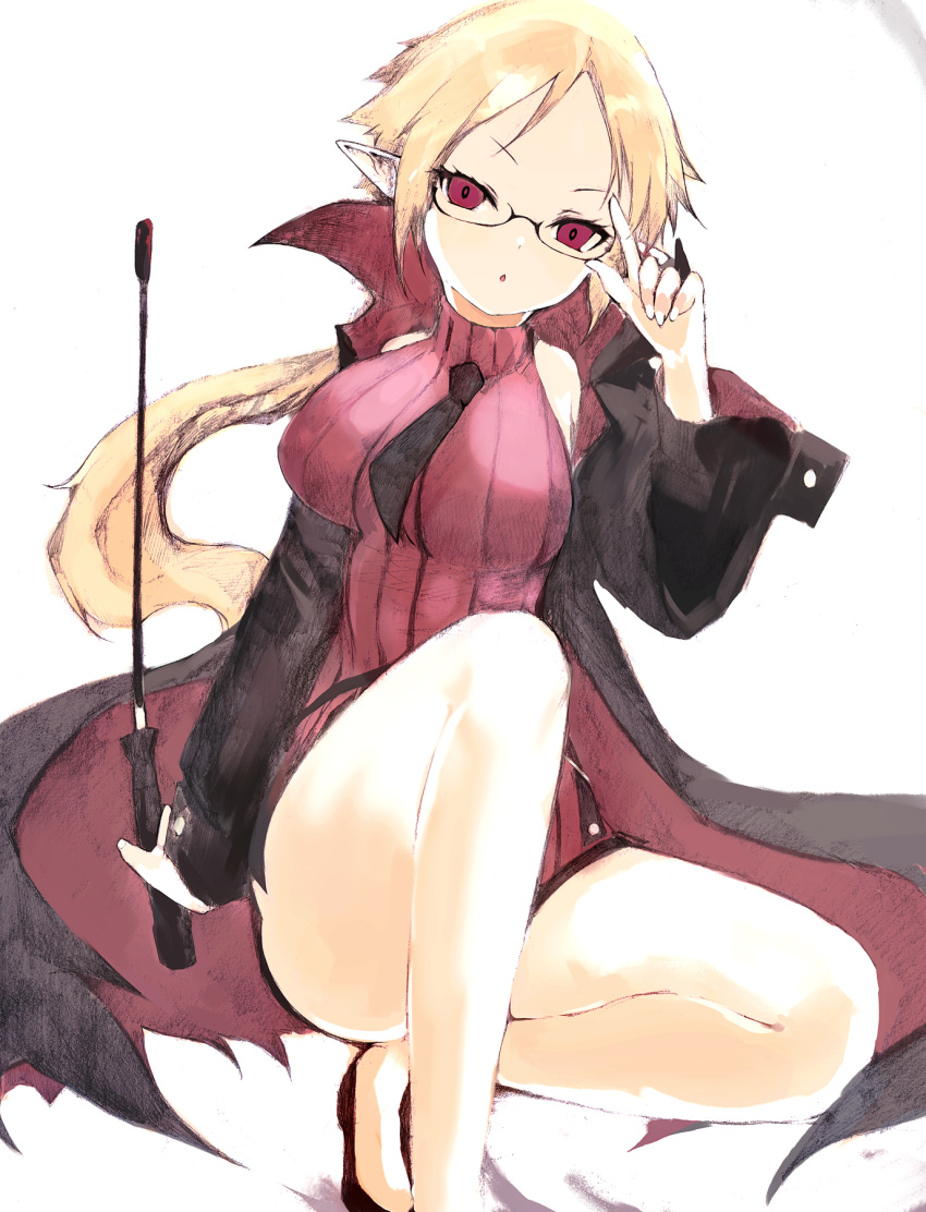 adjusting_eyewear black_coat black_necktie blonde_hair breasts chestnut_mouth coat commentary disgaea eyelashes female glasses high_collar high_heels highres kakuwashi knees_up large_breasts long_hair looking_at_viewer makai_senki_disgaea necktie open_clothes open_coat open_mouth parted_bangs pointy_ears ponytail popped_collar professor_(disgaea) red_eyes ribbed_sweater riding_crop solo squatting sweater thighs very_long_hair white_background