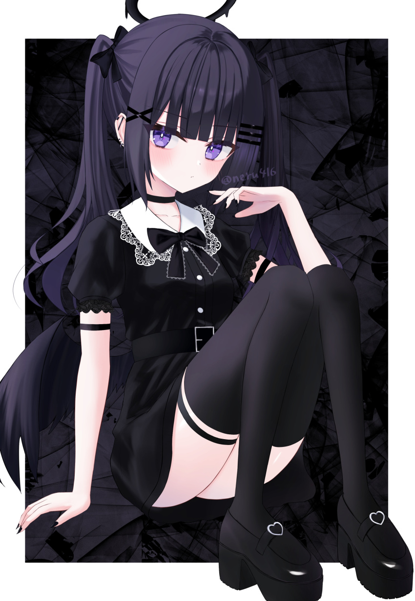 absurdres angel_wings black_dress black_hair black_halo black_ribbon black_thighhighs black_wings dress fallen_angel female hair_ornament halo highres iris37337 jirai_kei original purple_eyes ribbon thighhighs twintails wings