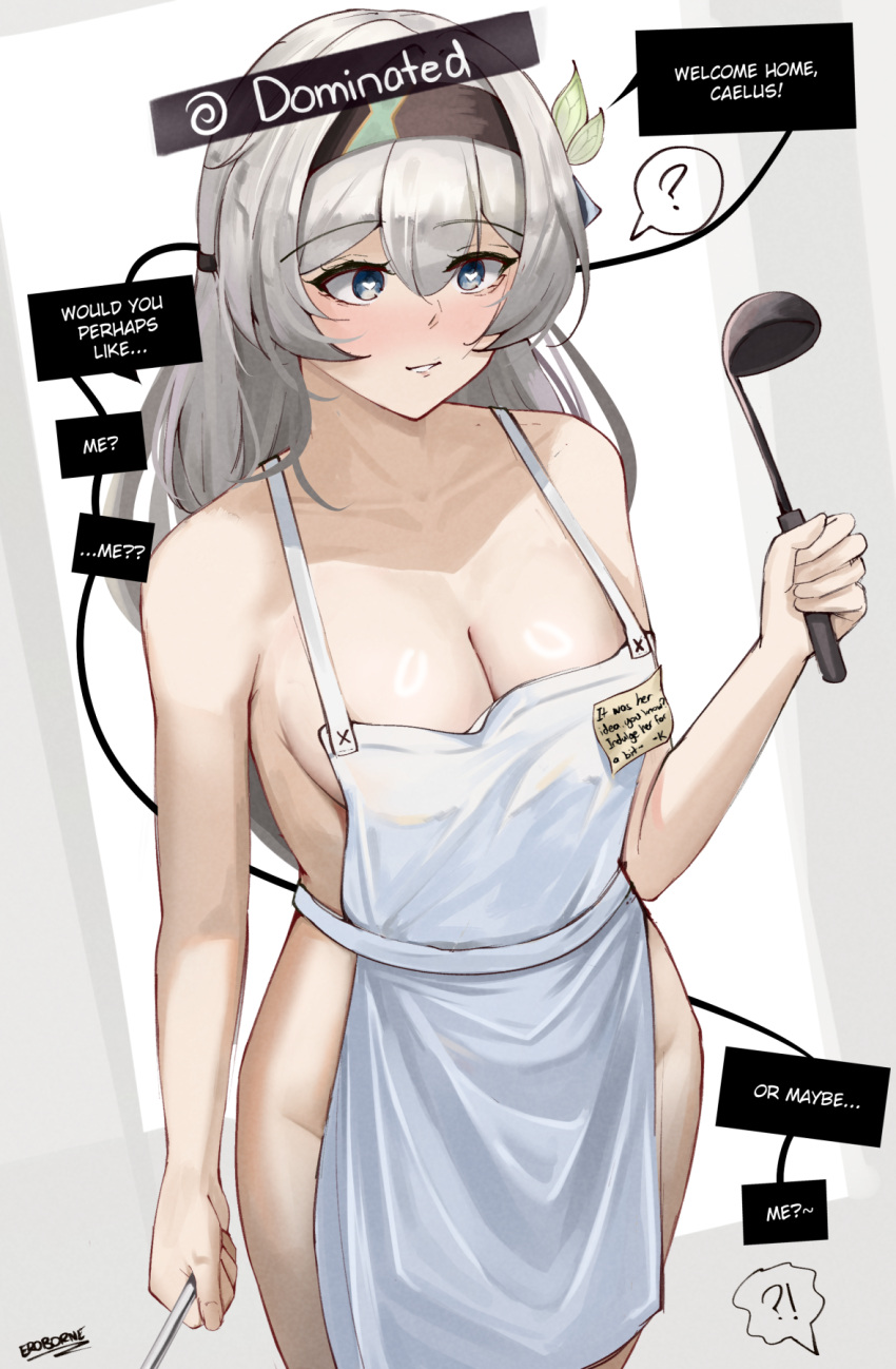 apron bare_arms bare_shoulders black_hairband blue_eyes breasts cleavage collarbone commentary cowboy_shot english_text eroborne female firefly_(honkai:_star_rail) gameplay_mechanics grey_hair grin hairband heart heart-shaped_pupils highres holding holding_ladle honkai:_star_rail honkai_(series) hypnosis ladle long_hair mind_control naked_apron parted_lips revision shinkon_santaku smile solo standing symbol-shaped_pupils white_apron