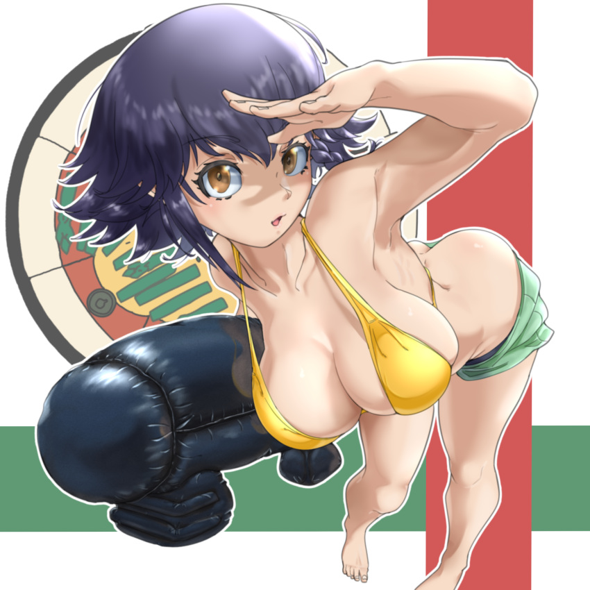 anzio_(emblem) barefoot bikini bikini_shorts black_hair braid breasts commentary emblem female foreshortening girls_und_panzer green_bikini halterneck highres holding holding_toy huaronanago inflatable_torpedo large_breasts leaning_forward looking_at_viewer mismatched_bikini open_mouth pepperoni_(girls_und_panzer) shading_eyes short_hair shorts side_braid solo standing swimsuit toy yellow_bikini