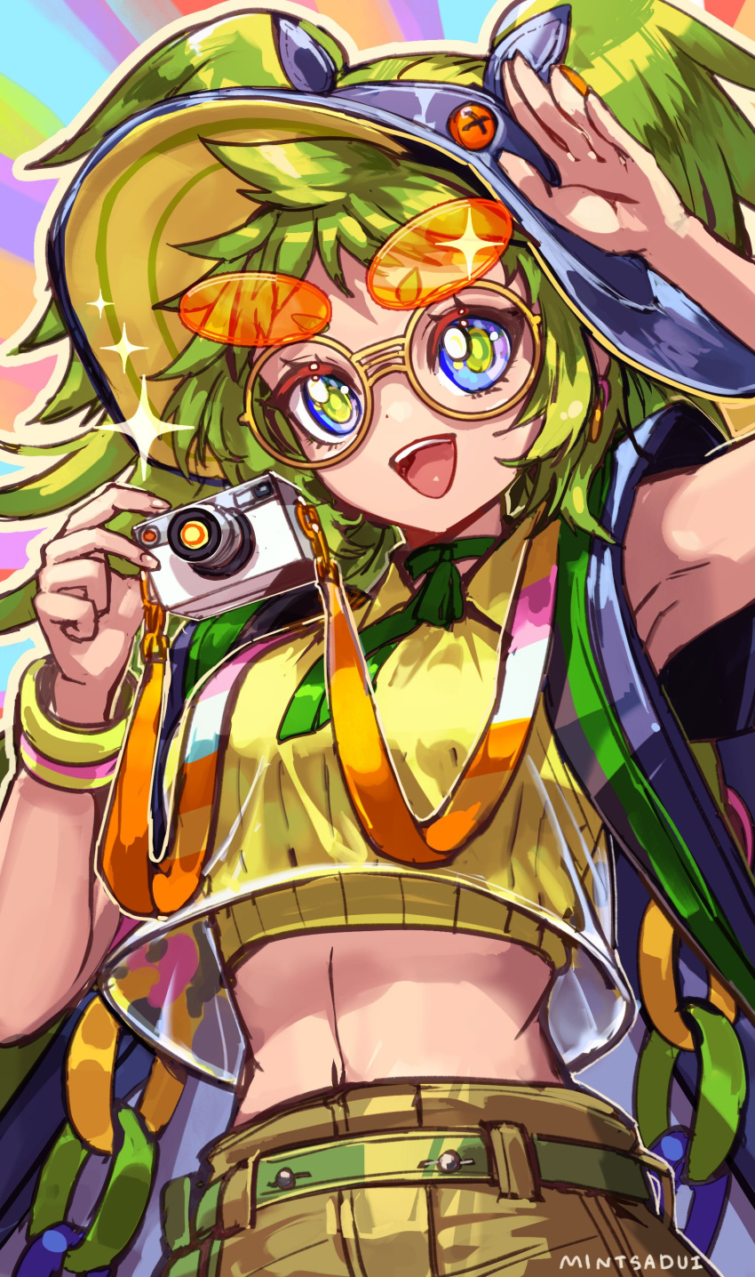 :d absurdres arm_up artist_name belt blue_bag blue_eyes bracelet breasts camera choker commentary crop_top dislyte earrings eyewear_on_head female fumitsuki_(kaguya-hime)_(dislyte) green_belt green_choker green_hair green_pupils green_ribbons hashtag-only_commentary hat highres holding holding_camera jewelry medium_breasts midriff multicolored_background multiple_bracelets open_mouth orange-tinted_eyewear pants ribbon ribbon_choker round_eyewear sa-dui see-through_clothes see-through_shirt shirt short_twintails smile solo symbol-only_commentary tinted_eyewear twintails upper_body yellow-framed_eyewear yellow_pants yellow_shirt