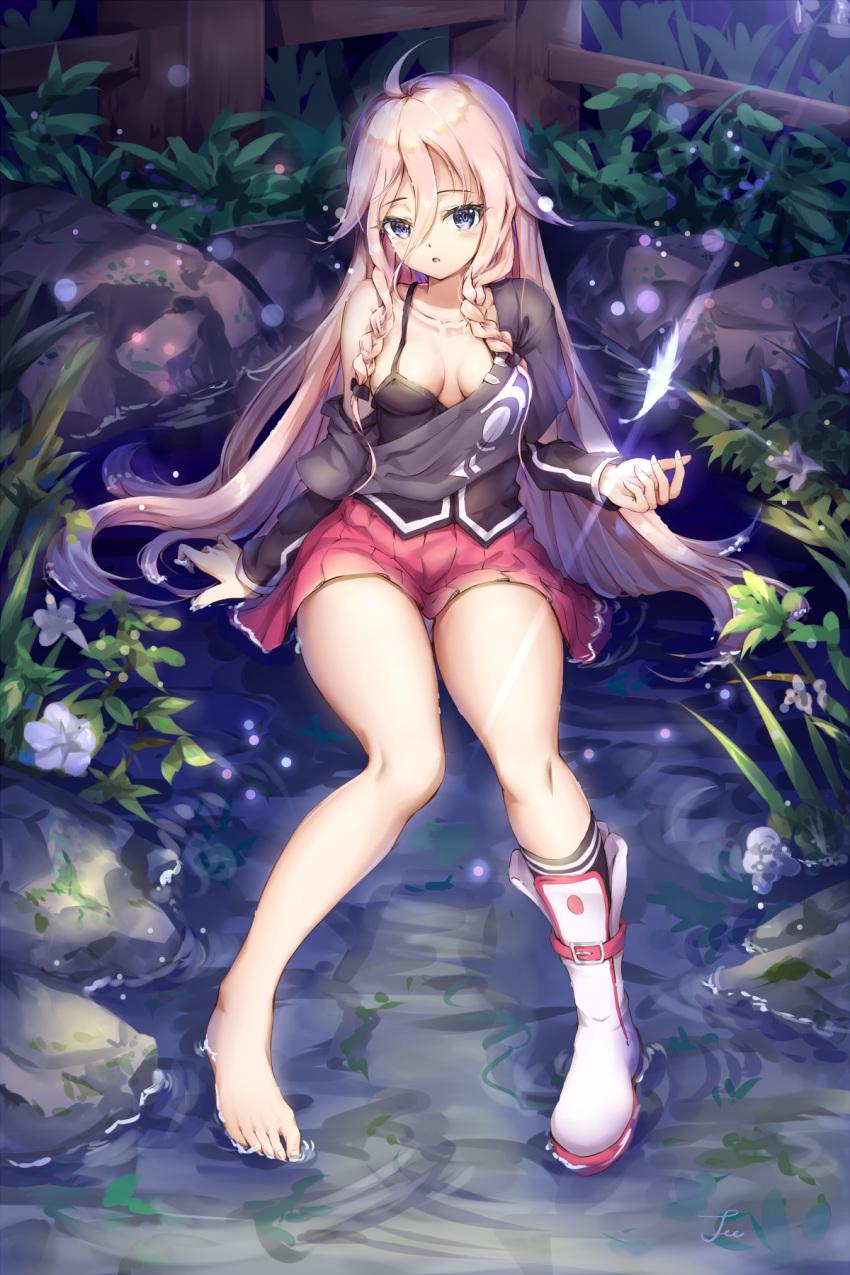 ahoge barefoot black_shirt blonde_hair blue_eyes boots braid breasts cleavage collarbone commentary female fii_fii_(feefeeowo) flower full_body hair_between_eyes highres ia_(vocaloid) long_hair looking_at_viewer off_shoulder outdoors parted_lips pink_hair pleated_skirt rock shirt shoes single_boot single_shoe single_sock single_thighhigh sitting skirt small_breasts socks solo thighhighs twin_braids underwear very_long_hair vocaloid water white_footwear