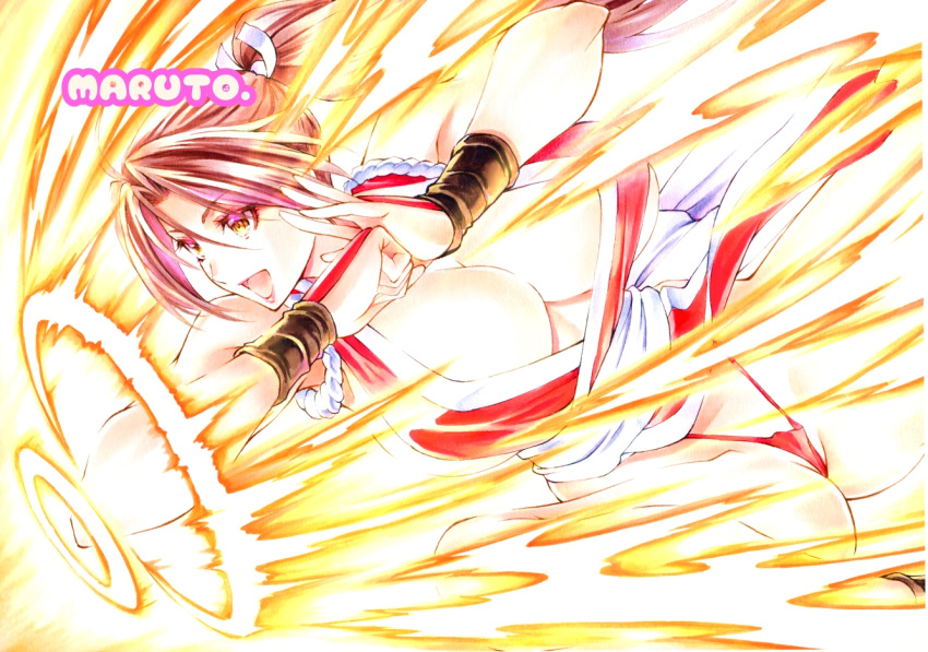 :d attack bare_shoulders breasts brown_eyes brown_hair cleavage clenched_hand dress elbowing fatal_fury female from_side highleg highleg_panties large_breasts marker_(medium) motion_lines ninja panties parted_bangs pelvic_curtain ponytail red_dress red_panties redrawn revealing_clothes rope shiranui_mai sideboob smile solo the_king_of_fighters traditional_media underwear watermark wristband yqgkg