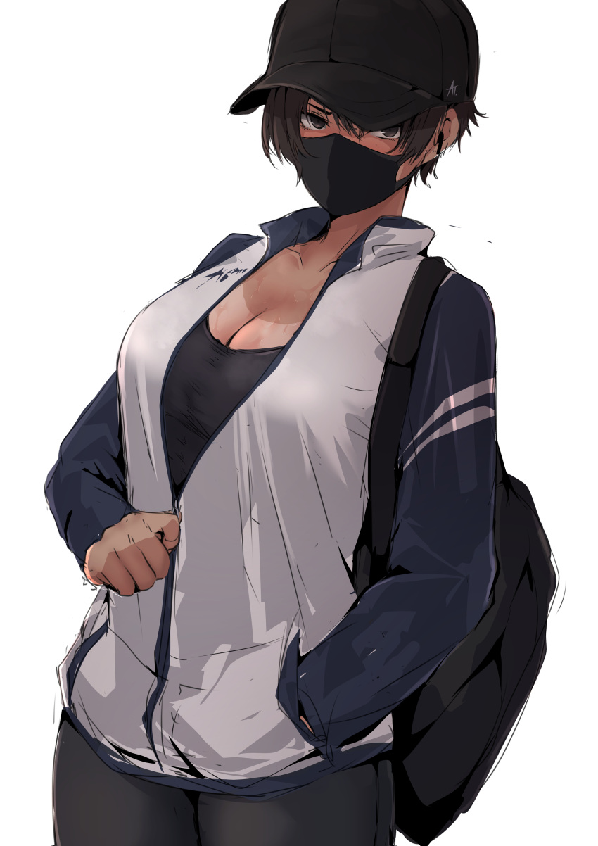 absurdres airpods alpha-type backpack bag baseball_cap black_bag black_eyes black_mask black_pants black_undershirt blush breasts brown_hair cleavage female hands_in_pockets hat highres jacket large_breasts looking_at_viewer mask original pants partially_unzipped revealing_tanlines short_hair sweat tan tanlines tomboy undershirt white_background white_jacket wireless_earphones