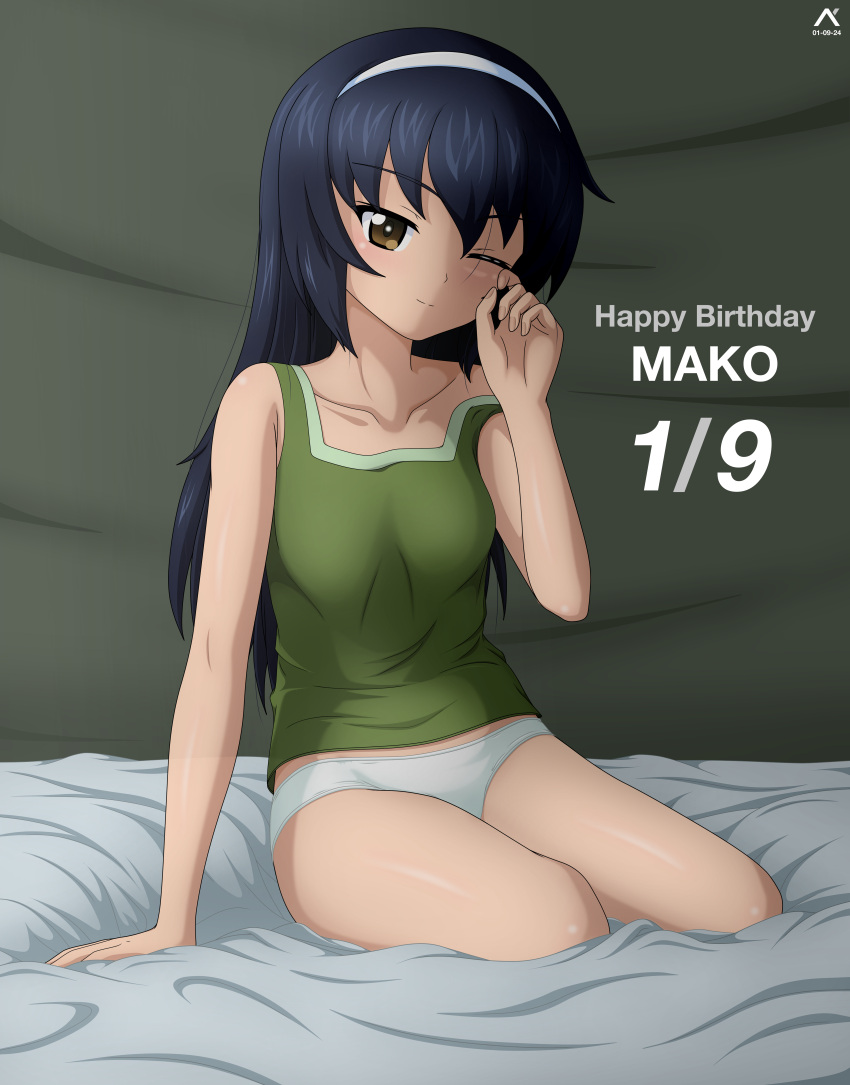 absurdres acrux artist_logo bed_sheet black_hair brown_eyes character_name closed_mouth commentary dated english_commentary english_text female girls_und_panzer green_tank_top hairband happy_birthday highres indoors logo long_hair looking_at_viewer on_bed one_eye_closed panties reizei_mako rubbing_eyes sitting smile solo strap_slip tank_top underwear underwear_only white_hairband white_panties yokozuwari