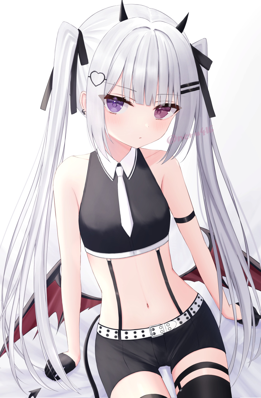 belt black_ribbon demon_girl demon_horns demon_tail demon_wings female hair_ornament heterochromia highres horns iris37337 navel original purple_eyes red_eyes ribbon short_shorts shorts simple_background suspenders_gap tail thighhighs twintails white_background white_belt white_hair wings