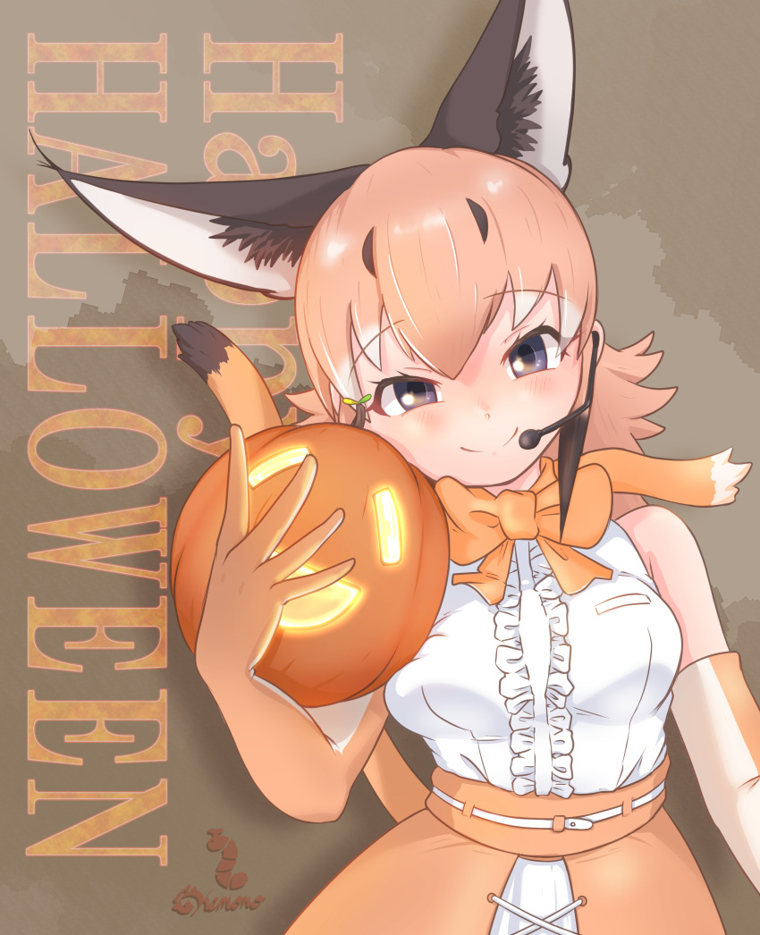 absurdres animal_ears bare_shoulders blue_eyes blush bow bowtie brown_hair caracal_(kemono_friends) cat_ears cat_girl center_frills elbow_gloves frills gloves hair_between_eyes halloween high-waist_skirt highres jack-o'-lantern kemono_friends kemono_friends_v_project microphone multicolored_hair nokemono-san_(bocchi_friend) orange_bow orange_bowtie orange_gloves orange_hair orange_skirt pumpkin shirt sidelocks skirt sleeveless smile white_hair white_shirt