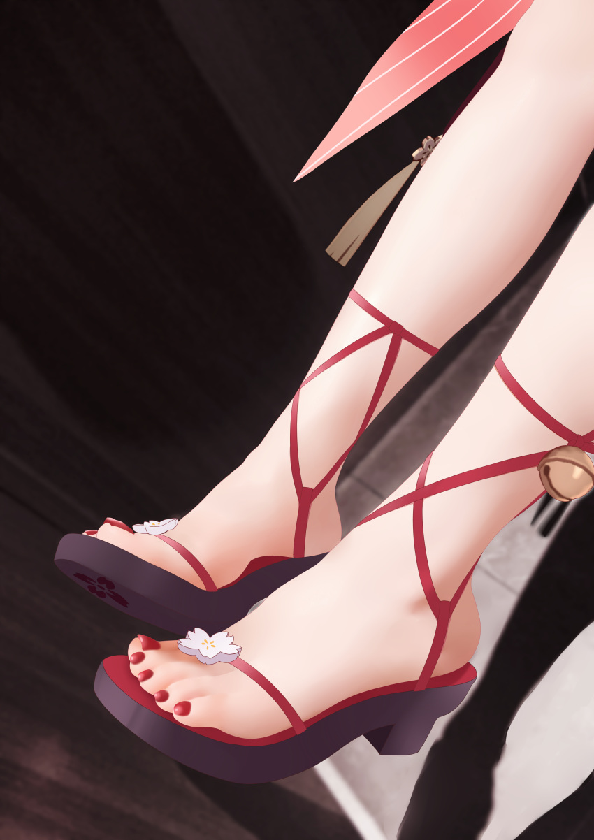 absurdres ankle_bell blurry blurry_background feet female foot_focus high_heels highres honkai:_star_rail honkai_(series) nail_polish okobo out_of_frame red_nails sandals shadow solo sparkle_(honkai:_star_rail) sym. toenail_polish toenails toes