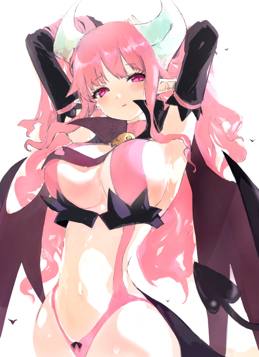 arms_up blush breasts cleavage commentary demon_girl demon_tail demon_wings disgaea eyelashes female highres horns kakuwashi large_breasts licking_lips long_hair looking_at_viewer makai_senki_disgaea narrow_waist navel pink_eyes pink_hair pointy_ears revealing_clothes slit_pupils solo succubus_(disgaea) tail tongue tongue_out underboob white_background wings