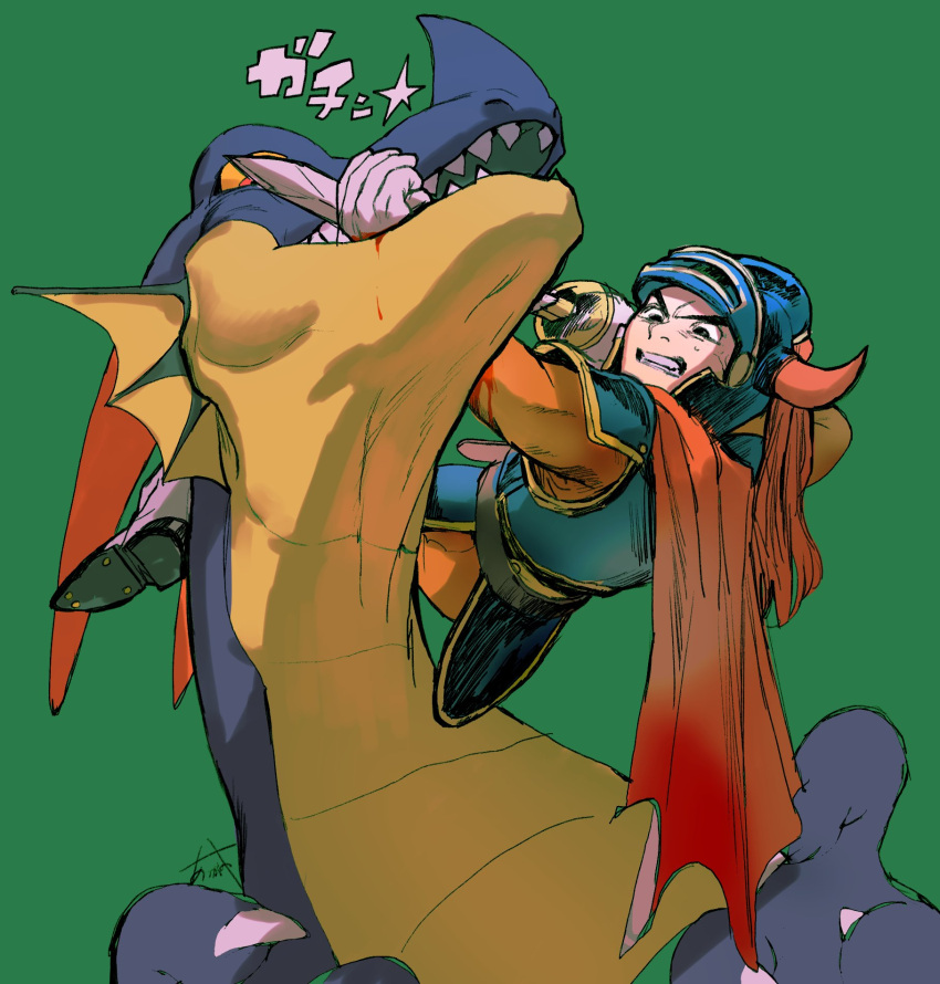 2boys aretokasoretoka armor biting black_eyes blood blood_from_mouth blood_on_arm blood_on_hands blue_armor bodysuit boots cape claws clenched_teeth colored_sclera commentary_request dragon dragon_lord dragon_quest dragon_quest_i fake_horns fighting fins gloves gradient_cape green_background head_fins helmet hero_(dq1) highres holding holding_sword holding_weapon horned_helmet horns injury looking_at_another looking_down male_focus multiple_boys orange_bodysuit orange_cape red_cape red_eyes sharp_teeth sound_effects sweatdrop sword teeth weapon white_gloves yellow_sclera