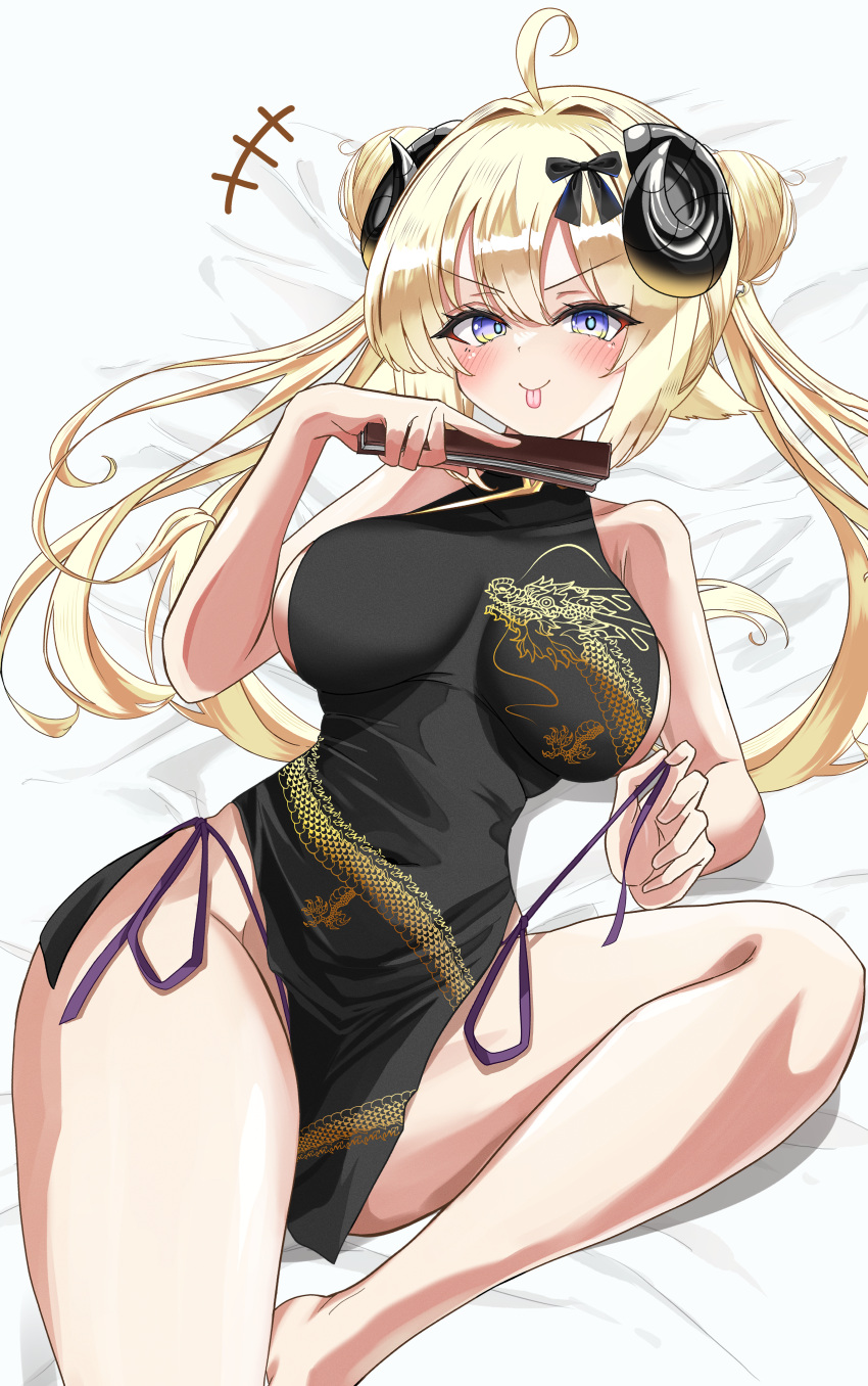 :p absurdres ahoge alternate_costume animal_ears bare_shoulders bed_sheet black_dress blonde_hair blush breasts breasts_apart china_dress chinese_clothes closed_mouth commentary_request curled_horns double_bun dragon_print dress female folded_fan folding_fan hair_bun hand_fan highres holding holding_fan hololive horns inokeiwd knee_up large_breasts long_hair looking_at_viewer lying on_back panties pelvic_curtain print_dress purple_eyes purple_panties sheep_ears sheep_girl sheep_horns side-tie_panties sideboob sleeveless sleeveless_dress smile solo tongue tongue_out tsunomaki_watame twintails underwear virtual_youtuber