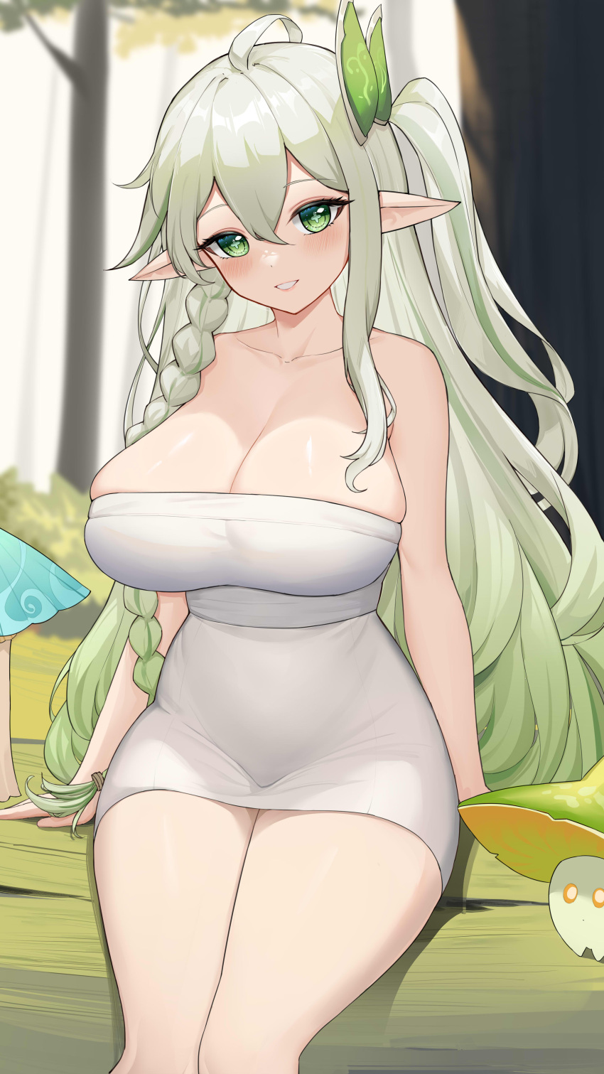 absurdres ahoge blurry blurry_background blush braid braided_ponytail breasts chinese_commentary collarbone commentary_request female forest fungi_(genshin_impact) genshin_impact green_eyes hair_between_eyes hair_ornament highres large_breasts long_hair looking_at_viewer multicolored_hair mushroom naked_towel nature outdoors pointy_ears rukkhadevata_(genshin_impact) sitting smile solo streaked_hair symbol-shaped_pupils towel uka_(315302627) very_long_hair white_hair