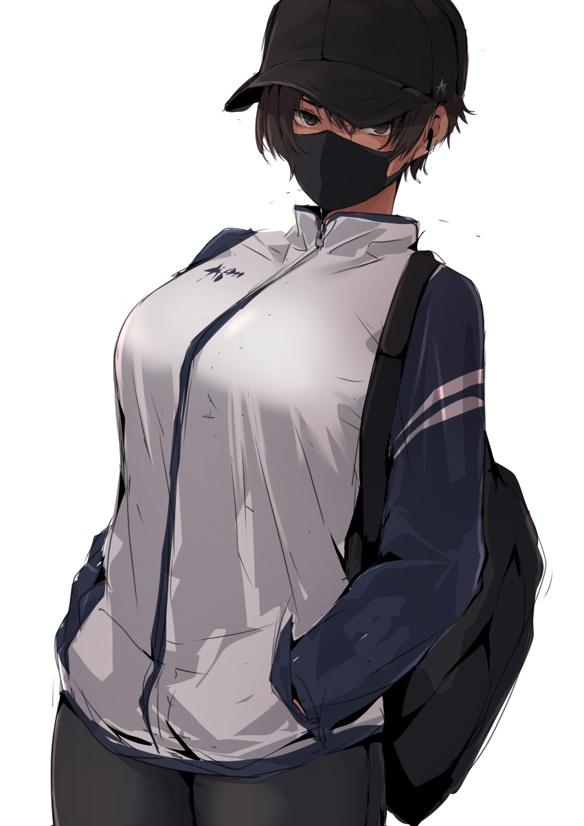 absurdres airpods alpha-type backpack bag baseball_cap black_bag black_eyes black_mask black_pants breasts brown_hair female hands_in_pockets hat highres jacket large_breasts looking_at_viewer mask original pants short_hair tan tomboy white_background white_jacket wireless_earphones