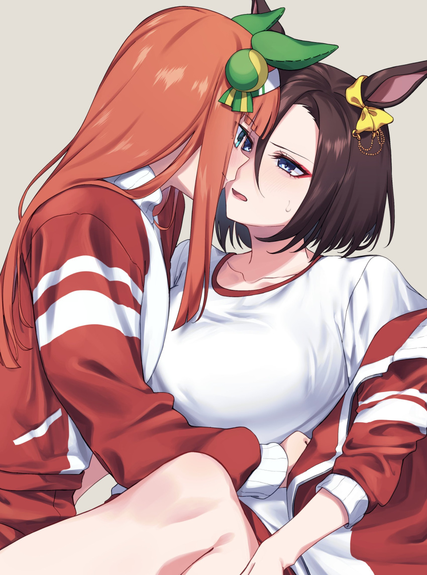 2girls absurdres air_groove_(umamusume) animal_ears blush bow breasts brown_hair closed_mouth ear_bow ear_covers eye_contact eyeshadow face-to-face green_eyes grey_background gym_uniform hands_on_another's_stomach highres horse_ears jacket large_breasts long_hair long_sleeves looking_at_another makeup multiple_girls open_mouth orange_hair red_jacket shirt silence_suzuka_(umamusume) simple_background sugamo_(rainysnowy108) sweatdrop track_jacket umamusume white_shirt yuri