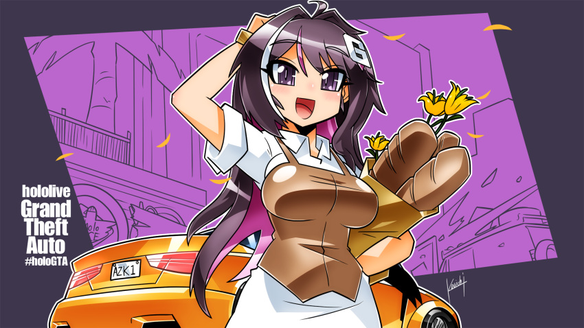 artist_name azki_(hololive) bag baguette black_hair blush bread breasts brown_vest car collared_shirt colored_inner_hair copyright_name female flower food highres holding holding_bag hololive hololive_grand_theft_auto kouichi_(kouichi-129) medium_breasts motor_vehicle multicolored_hair orange_car purple_eyes purple_hair shirt shopping_bag smile solo sports_car streaked_hair vest virtual_youtuber white_hair yellow_flower