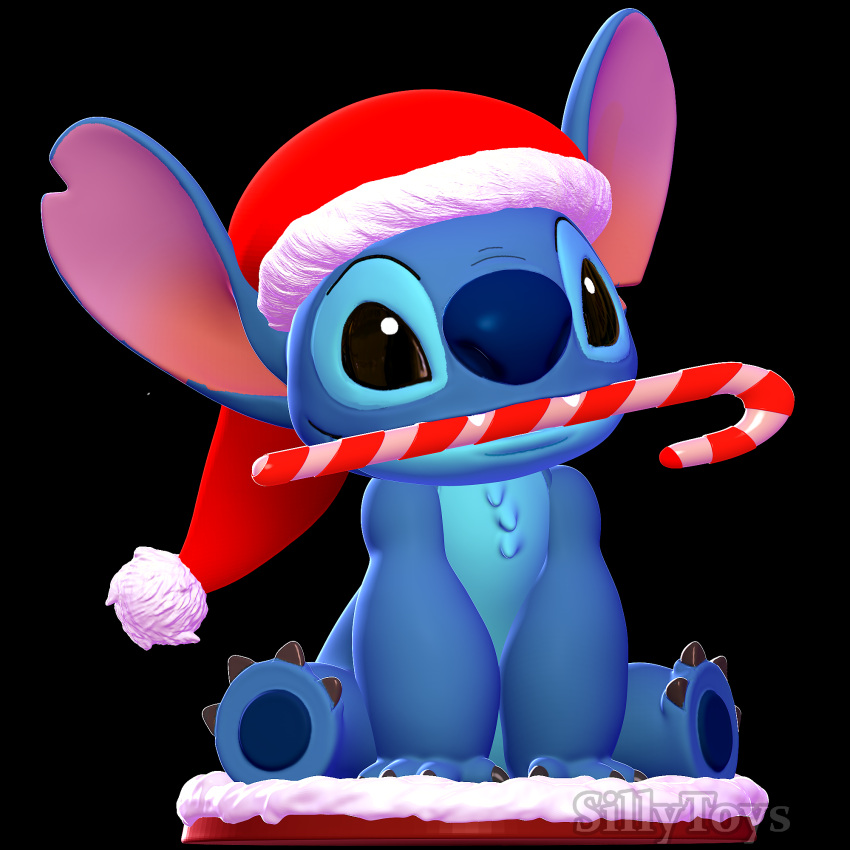 3d_(artwork) 3d_modeling 3d_print anthro big_ears big_nose black_eyes blue_body candy candy_cane christmas christmas_clothing christmas_headwear clothing dessert digital_media_(artwork) disney ears_up food hat headgear headwear hi_res holidays lilo_and_stitch male santa_hat sillytoys simple_background sitting smile snow solo stitch_(lilo_and_stitch)