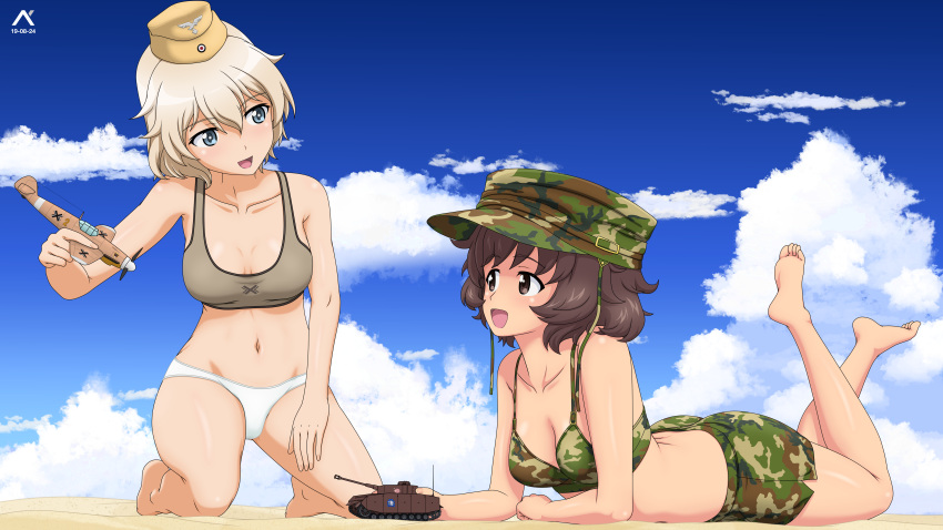 2girls absurdres acrux akiyama_yukari artist_logo barefoot bikini bikini_shorts blonde_hair blue_eyes blue_sky brown_bikini brown_eyes brown_hair brown_hat camouflage camouflage_bikini camouflage_hat cloud cloudy_sky commentary crossover dated day dress emblem english_commentary field_cap garrison_cap girls_und_panzer green_bikini green_hat hand_on_own_thigh hat highres holding holding_toy insignia kneeling legs_up logo looking_at_another lying medium_dress messy_hair mismatched_bikini multiple_girls navel on_ground on_stomach open_mouth outdoors peaked_cap ponytail raisa_pottgen sand short_hair shorts sky smile strike_witches swimsuit toy toy_airplane toy_tank white_bikini witches_of_africa world_witches_series