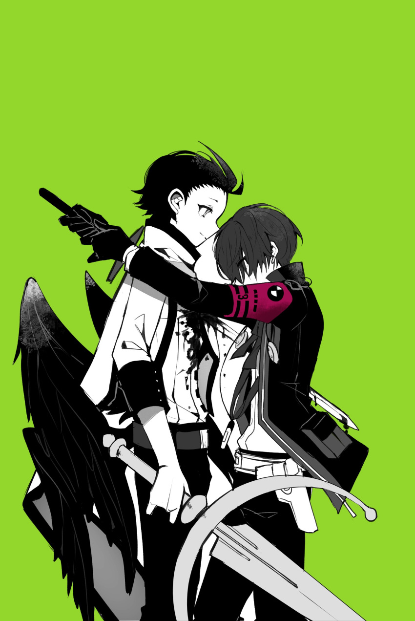 2boys absurdres ahoge armband arms_at_sides belt black_eyes black_gloves black_hair black_jacket black_pants black_wings blood blood_on_clothes blood_on_weapon bow bowtie digital_media_player dress_shirt facing_another facing_to_the_side gloves green_background grey_hair hair_over_one_eye highres holding holding_sword holding_weapon holster impaled implied_murder jacket looking_at_another looking_down male_focus mochizuki_ryouji multiple_boys open_clothes open_jacket pants partially_colored persona persona_3 red_armband scarf shirt sleeves_rolled_up smile suicide suspenders sword teketeke_(tasutekete) thigh_holster weapon white_belt white_scarf white_shirt wings wire yuuki_makoto_(persona_3)