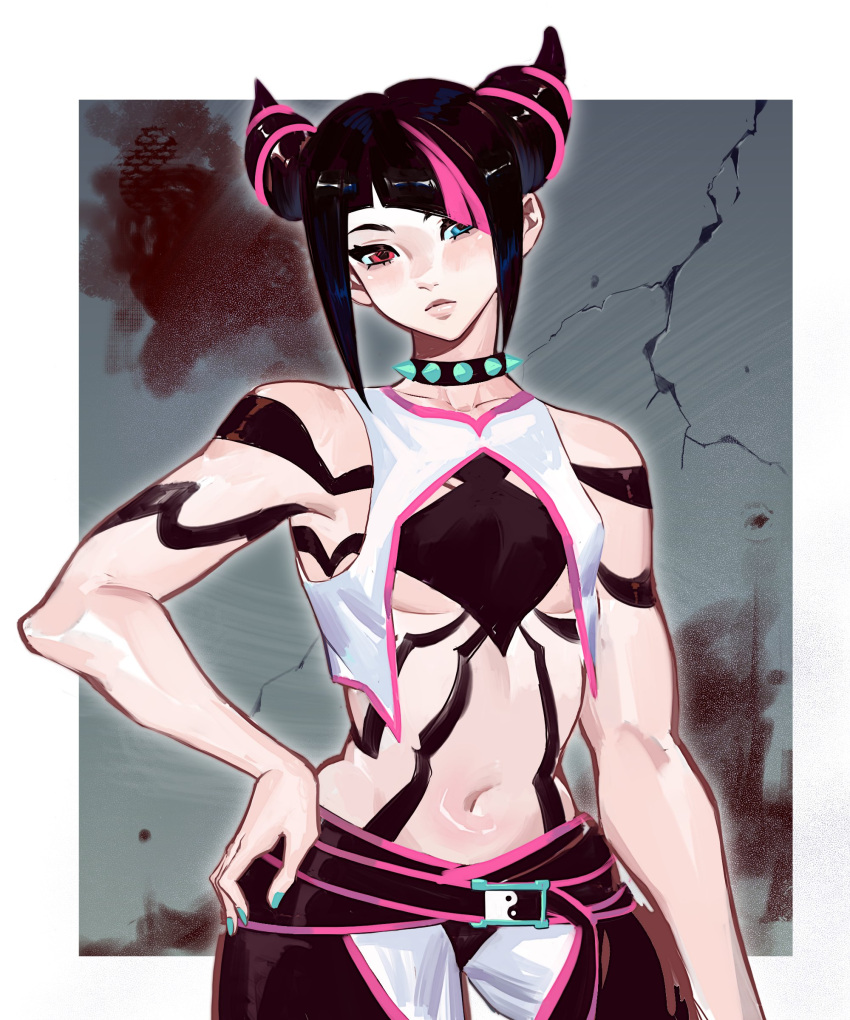 absurdres bare_shoulders belt black_hair blue_eyes border breasts collar diagonal_bangs female hair_horns hand_on_own_hip hashtag-only_commentary heterochromia highres juri_han multicolored_hair navel outside_border pink_hair pink_lips red_eyes sidelocks solo spider_tattoo spiked_collar spikes streaked_hair street_fighter street_fighter_6 tattoo two-tone_hair white_border yshua