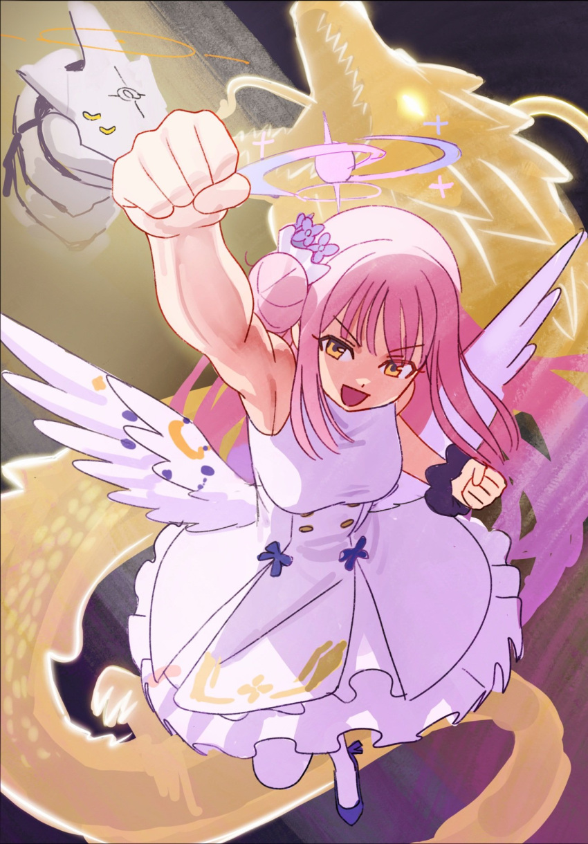 angel_wings blue_archive breasts dragon dragon_ball dragon_ball_z dragon_fist_(dragon_ball) dress feathered_wings female flower frilled_dress frills hair_bun hair_flower hair_ornament halo highres kidou_senshi_nama_ino long_hair medium_breasts mika_(blue_archive) pantyhose parody pink_hair pink_halo scrunchie single_side_bun sleeveless sleeveless_dress white_dress white_pantyhose white_wings wings wrist_scrunchie yellow_eyes