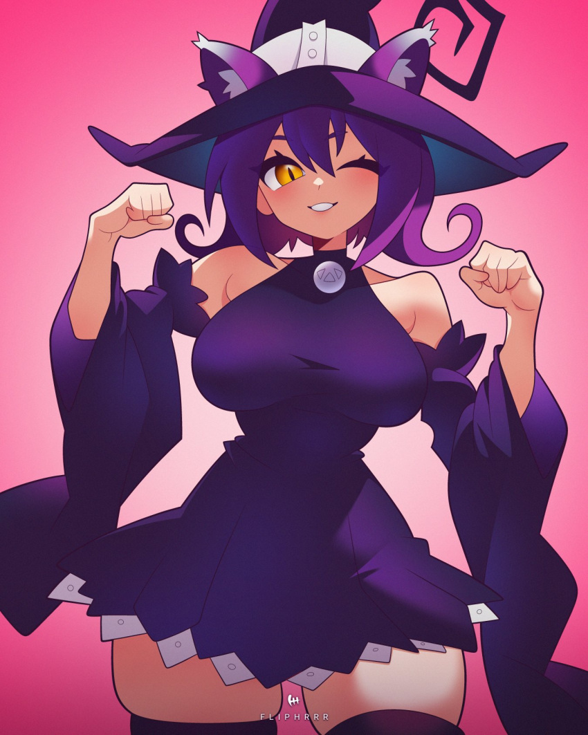 :3 animal_ears blair_(soul_eater) blush breasts cat_ears detached_sleeves dress female flipherrrr hair_between_eyes hat highres large_breasts long_hair looking_at_viewer one_eye_closed paw_pose purple_hair smile solo soul_eater thighhighs witch witch_hat yellow_eyes