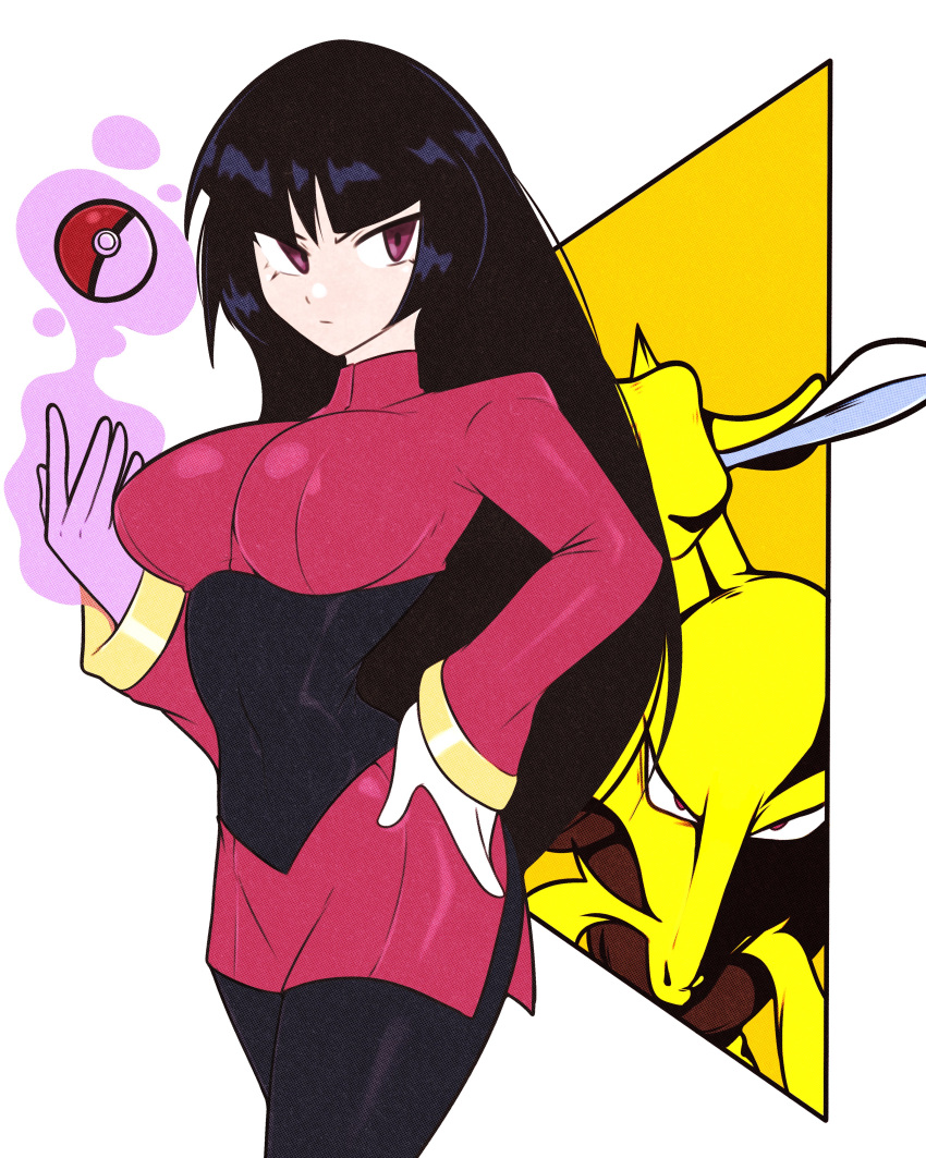 absurdres alakazam black_hair bodysuit breasts commentary covered_navel female gloves hand_on_own_hip highres holding holding_spoon jeff_miga large_breasts long_hair pantyhose poke_ball poke_ball_(basic) pokemon pokemon_(creature) pokemon_frlg psychic red_eyes sabrina_(pokemon) spoon white_background white_gloves