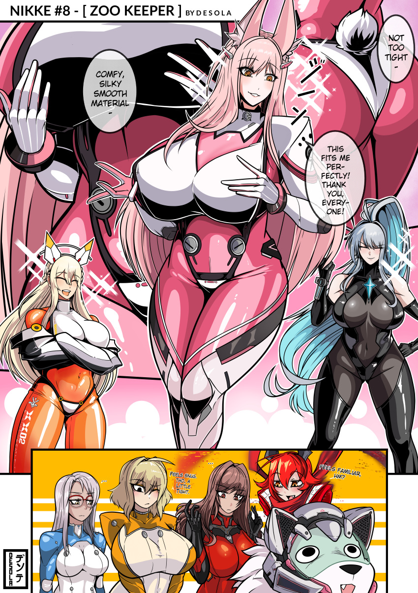 6+girls absurdres ahoge alternate_breast_size animal_ears anis_(nikke) bikini bikini_bottom_only bikini_over_clothes black_ark_ranger_(nikke) blonde_hair blush bodysuit breasts brown_hair combat_helmet cosplay counters_(nikke) desola glasses gloves goddess_of_victory:_nikke green_eyes grey_hair hair_intakes hair_ornament hat helmet highres horns impossible_bodysuit impossible_clothes jacket large_breasts latex latex_bodysuit leona_(nikke) leona_(zoo_keeper)_(nikke) lion long_hair looking_at_viewer mass-produced_nikke mass-produced_nikke_(cosplay) mechanical_horns multicolored_clothes multicolored_gloves multicolored_jacket multiple_girls neon_(nikke) oerba_yun_fang official_alternate_costume open_mouth orange_bodysuit panties_over_bodysuit pink_bodysuit pink_footwear pink_gloves pink_hair rapi_(nikke) red_eyes red_hair red_hood_(nikke) red_scarf ringed_eyes scarf shiny_clothes short_hair skin_tight smile standing swimsuit thighs timi_(nikke) tove_(nikke) two-tone_hat two-tone_jacket yellow_eyes