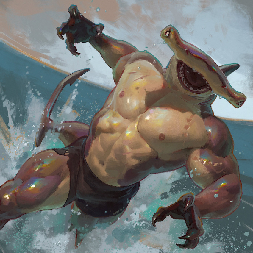 1:1 4_fingers abs action_pose anthro biceps black_bottomwear black_clothing black_shorts bottomwear claws clothed clothing finger_claws fingers fish front_view ground_shark hammerhead_shark hi_res male marine muscular navel nipples open_mouth partially_submerged pecs pose scar sea shark sharp_teeth shorts signature solo tail taran_fiddler teeth topless topless_anthro topless_male water weretober