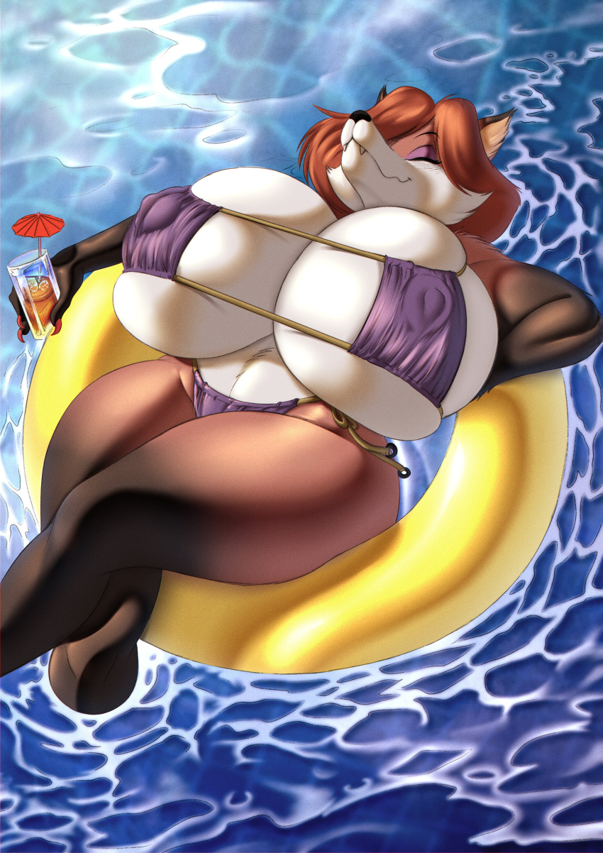 absurd_res anthro beverage big_breasts breasts canid canine chochi clothing female floatie fox hi_res huge_breasts inflatable lying mammal mikeblade on_back relaxed_expression relaxing solo sonya_(chochi) swimwear water