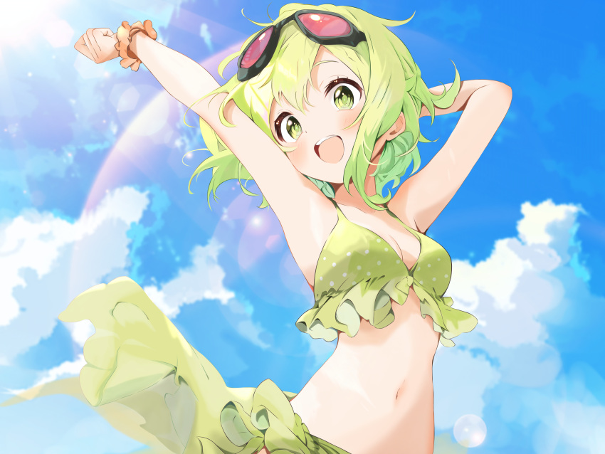 :d absurdres arm_behind_head arm_up armpits arms_up bare_arms bare_shoulders bikini blue_sky blush breasts cleavage cloud cloudy_sky commentary day female frilled_bikini frills goggles goggles_on_head green_bikini green_eyes green_hair gumi highres kurozumip lens_flare looking_at_viewer medium_breasts navel open_mouth outdoors polka_dot polka_dot_bikini scrunchie short_hair sky small_breasts smile solo stomach sunlight swimsuit teeth tinted_eyewear upper_body upper_teeth_only vocaloid wrist_scrunchie