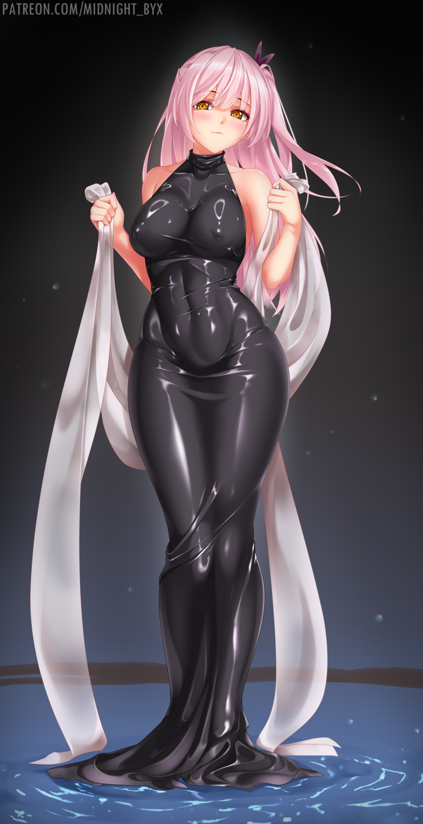 bare_shoulders breasts covered_navel dress female highres large_breasts latex latex_dress long_hair looking_at_viewer midnight_(banyex) original patreon_username pink_hair shiny_clothes sleeveless solo standing web_address yellow_eyes