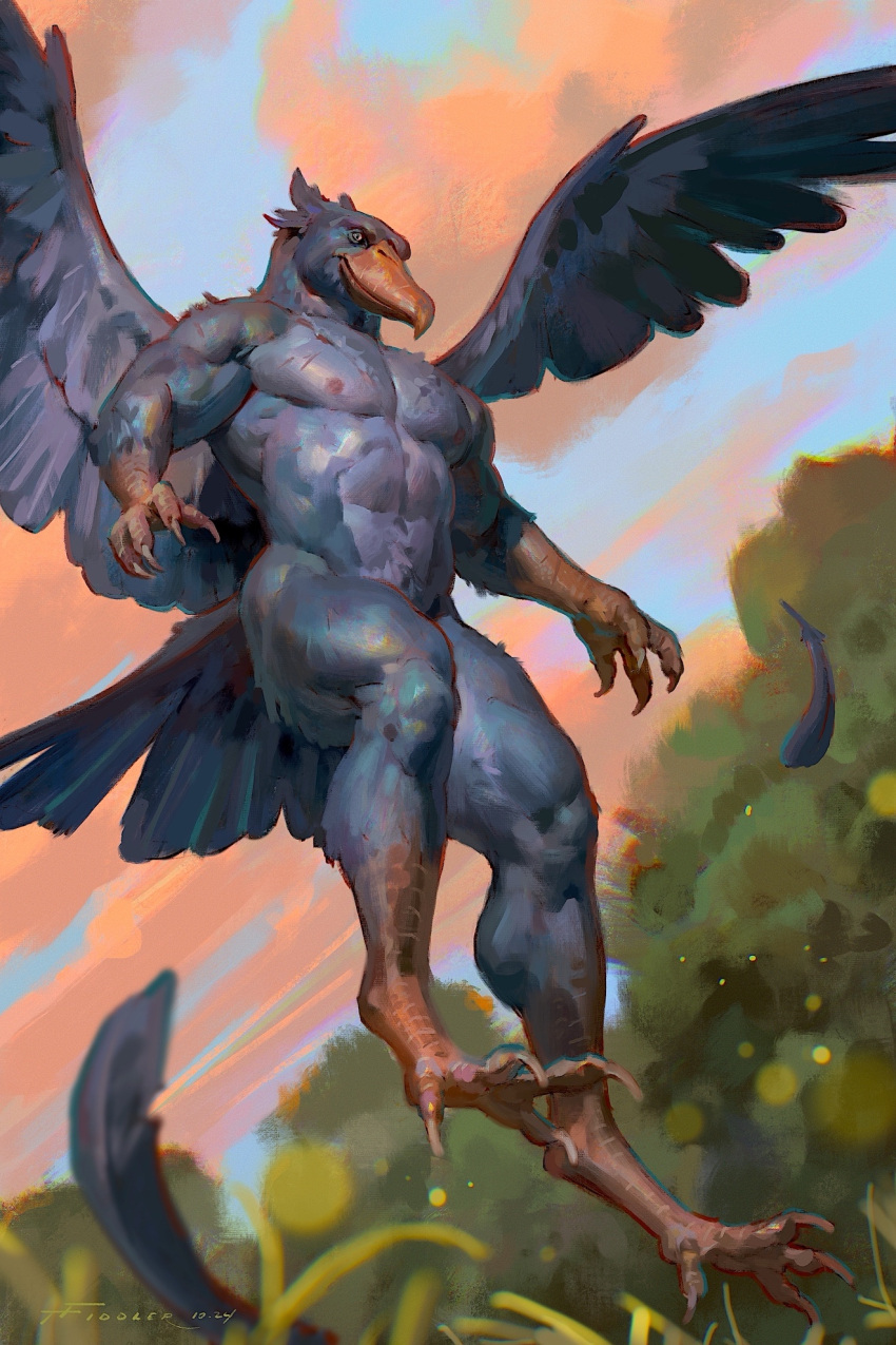 2:3 4_fingers 4_toes anthro avian avian_feet back_wings beak bird blue_body blue_feathers claws depth_of_field dutch_angle feathers feet fingers flying hi_res low-angle_view male muscular nipples pecs pelecaniform plant scuted_arms scuted_hands scuted_legs scutes shoebill signature sky solo tail tail_feathers taran_fiddler toes weretober wings