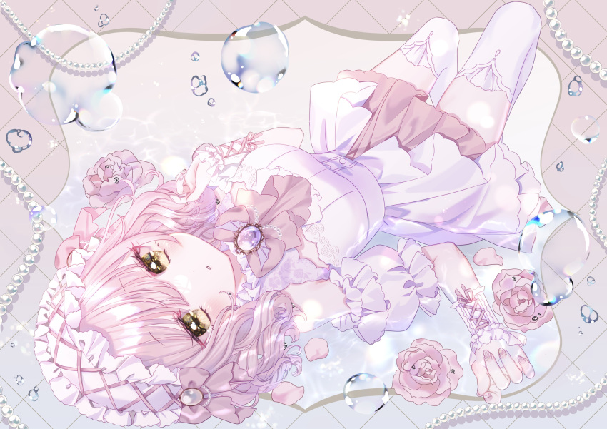 absurdres azarashi6 commentary detached_sleeves dress female flower gem gradient_background grid hairband headdress highres original pearl_(gemstone) pink_flower pink_hair pink_nails pink_theme purple_brooch short_sleeves solo symbol-only_commentary thighhighs water water_drop white_dress white_sleeves white_thighhighs yellow_eyes