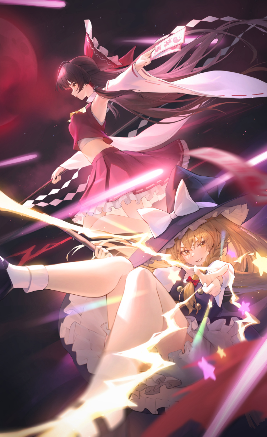 2girls absurdres ascot black_dress black_hair blonde_hair blurry bow braid commentary depth_of_field detached_sleeves dress frilled_bow frilled_hair_tubes frills gohei hair_ornament hair_tubes hairbow hakurei_reimu hat hat_bow highres holding_ofuda kirisame_marisa looking_ahead looking_at_viewer magic midriff moon multiple_girls night night_sky nontraditional_miko pants red_bow red_eyes red_moon red_skirt revision shirt single_braid skirt sky star_(symbol) symbol-only_commentary touhou white_bow white_pants white_shirt wide_sleeves witch witch_hat yellow_ascot yellow_eyes zhenli-mari