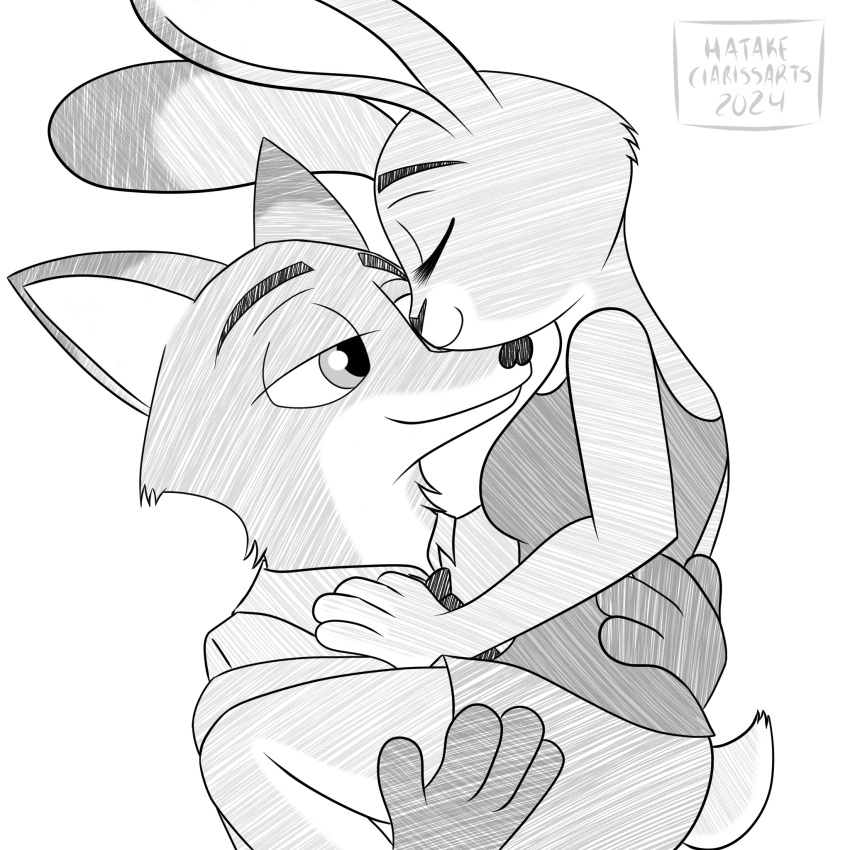 1:1 anthro canid canine disney female fox hatakeclarissarts hi_res hug inktober judy_hopps lagomorph leporid lifting lifting_partner male male/female mammal monochrome nick_wilde rabbit ship solo vehicle watercraft wildehopps zootopia