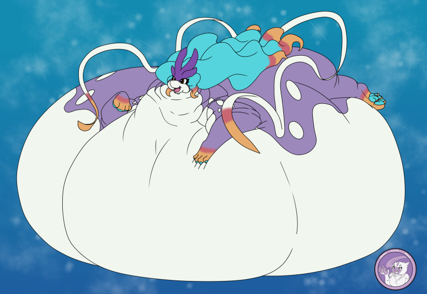 belly broken_crest broken_horn chonk female feral generation_2_pokemon hi_res horn hyperchibiabsol legendary legendary_pokemon markings morbidly_obese morbidly_obese_feral multicolor_mane multicolored_eyes nintendo obese obese_feral overweight overweight_feral pawpads paws pokemon pokemon_(species) pudge rolls spots suicune varuna varuna_the_suicune