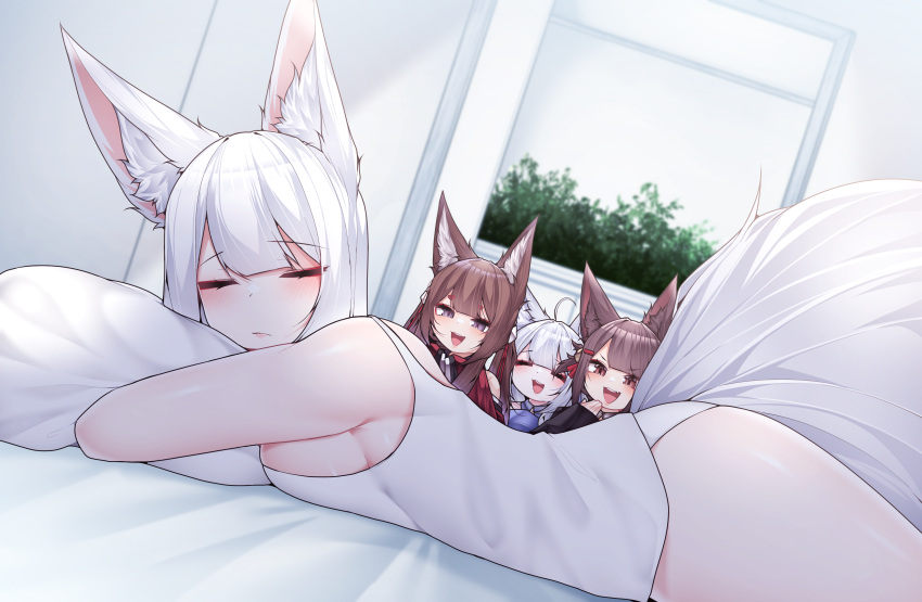 4girls :d absurdres akagi-chan_(azur_lane) amagi-chan_(azur_lane) animal_ears ass azur_lane bare_shoulders bell black_kimono blue_kimono breasts brown_hair closed_eyes excited eyeshadow facing_viewer flower fox_ears fox_girl fox_tail from_side hair_bell hair_between_eyes hair_flower hair_ornament hair_over_eyes hair_ribbon happy highres indoors japanese_clothes kaga_(azur_lane) kimono kitsune large_breasts long_hair looking_at_viewer lying makeup medium_breasts medium_hair multiple_girls multiple_tails oerba_yun_fang on_bed on_stomach orange_eyes panties purple_eyes red_eyes red_eyeshadow red_kimono red_ribbon ribbon samip shinano-chan_(azur_lane) sideboob sleeping sleepy slit_pupils smile tail tank_top teeth thighs twintails underwear upper_teeth_only very_long_hair white_flower white_hair white_panties white_tank_top