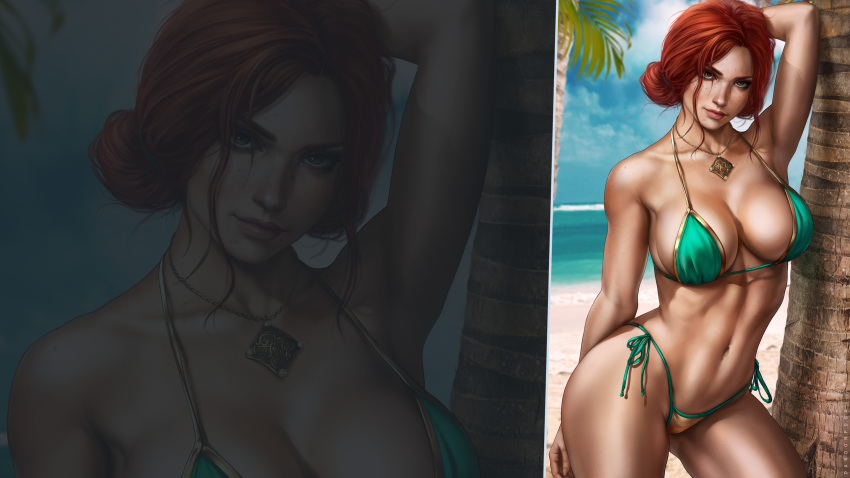 beach big_breasts bikini cd_projekt_red dandon_fuga female green_eyes necklace posing red_hair swimsuit the_witcher the_witcher_(series) the_witcher_2 the_witcher_3:_wild_hunt toned toned_female triss_merigold