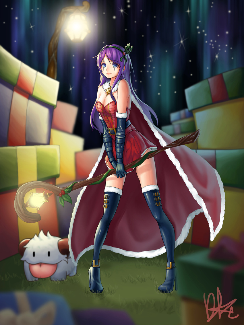 absurdres aurora bad_id bad_pixiv_id black_footwear black_gloves blue_eyes blush boots breasts cleavage closed_mouth dduck_kong elbow_gloves female gift gloves high_heel_boots high_heels highres holding holding_staff large_breasts league_of_legends leblanc_(league_of_legends) long_hair looking_away mistletoe_leblanc photoshop_(medium) poro_(league_of_legends) purple_hair signature smile snowing solo staff thigh_boots thighhighs