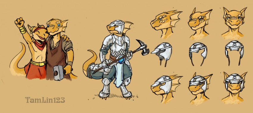 2019 anthro armor clothed clothing digital_media_(artwork) dungeons_and_dragons duo hasbro headgear helmet holding_object holding_weapon kobold male melee_weapon model_sheet reptile scales scalie simple_background sirocco smile solo_focus standing tamlin123 weapon wizards_of_the_coast