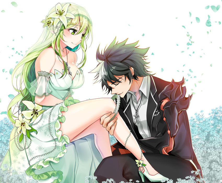 1boy bare_legs black_hair bridal_garter bride closed_eyes closed_mouth collarbone commentary_request couple dress elsword female flower formal grand_archer_(elsword) green_eyes green_hair hair_flower hair_ornament hamericano high_heels highres jewelry kneeling light_green_hair lily_(flower) long_hair mechanical_arms messy_hair mouth_hold multicolored_hair necklace raven_cronwell reckless_fist_(elsword) rena_erindel shoes single_mechanical_arm sitting smile straight suit two-tone_hair white_dress white_footwear white_hair