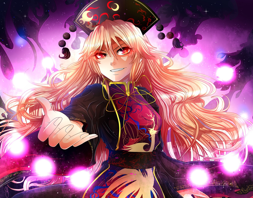 blonde_hair commentary_request danmaku dress female grin hat highres invidiata junko_(touhou) long_hair long_sleeves md5_mismatch outstretched_arm red_eyes sash smile solo tabard touhou wide_sleeves