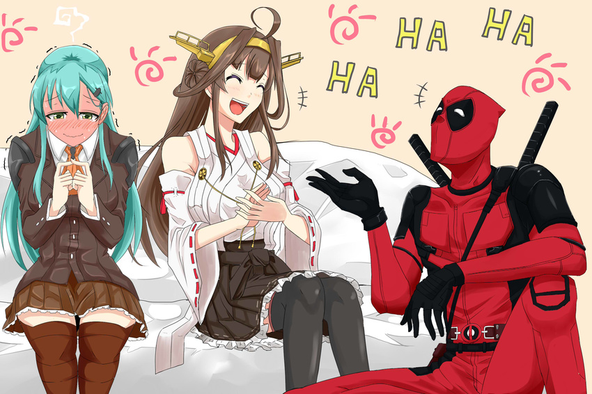 1boy 2girls ^_^ ahoge aqua_hair ascot black_thighhighs blush bodysuit brown_hair brown_legwear closed_eyes commentary_request deadpool deadpool_(movie) deadpool_(series) double_bun fingers_together full-face_blush hair_bun hair_ornament headgear highres ijimeka_(meme) index_fingers_together japanese_clothes kantai_collection kongou_(kancolle) long_hair marvel mask meme multiple_girls nontraditional_miko pleated_skirt rakku_(10219563) school_uniform serafuku sitting skirt suzuya_(kancolle) thighhighs trembling wavy_mouth