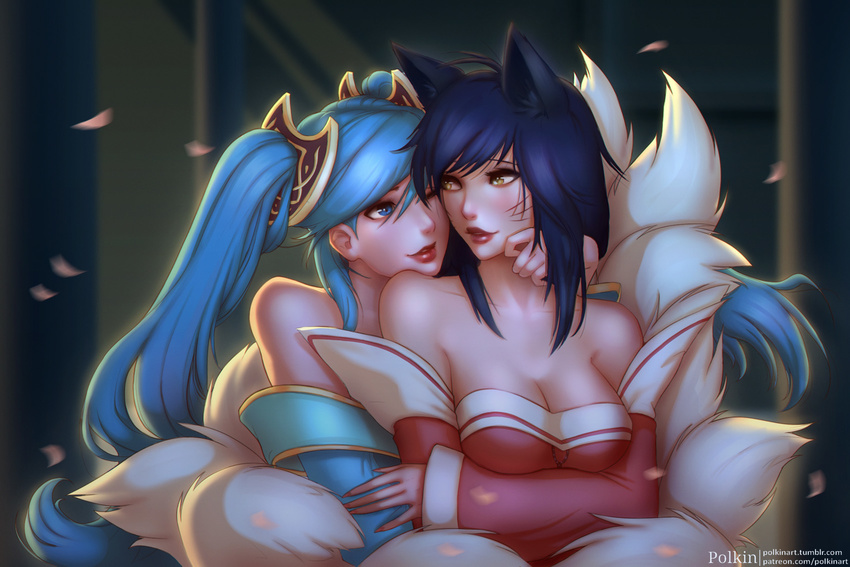 2girls ahri_(league_of_legends) animal_ears artist_name bare_shoulders black_hair blue_eyes blue_hair blush breasts cleavage collarbone colorized commentary_request detached_sleeves feversea fox_ears fox_tail highres large_breasts league_of_legends long_hair looking_at_another multiple_girls nail_polish parted_lips patreon_username photoshop_(medium) polkin red_nails smile sona_(league_of_legends) tail tumblr_username twintails watermark web_address yellow_eyes yuri