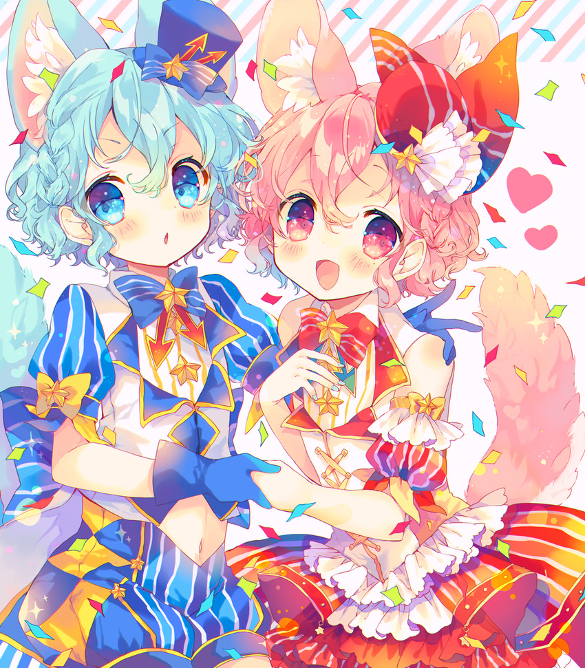 1boy :d :o animal_ears bad_id bad_pixiv_id beret blue_eyes blue_gloves blue_hair blue_nails blush bow bowtie braid brother_and_sister chromatic_aberration commentary confetti crossdressing curly_hair detached_sleeves dorothy_west dress female frills gloves hand_on_another's_shoulder hat heart highres holding_hands kemonomimi_mode layered_dress looking_at_viewer mini_hat mini_top_hat mole mole_under_eye nail_polish navel nekoto_rina open_mouth otoko_no_ko pink_eyes pink_hair pretty_series pripara puffy_detached_sleeves puffy_short_sleeves puffy_shorts puffy_sleeves reona_west short_hair short_sleeves shorts siblings smile sparkle star_(symbol) striped tail top_hat twins vertical_stripes